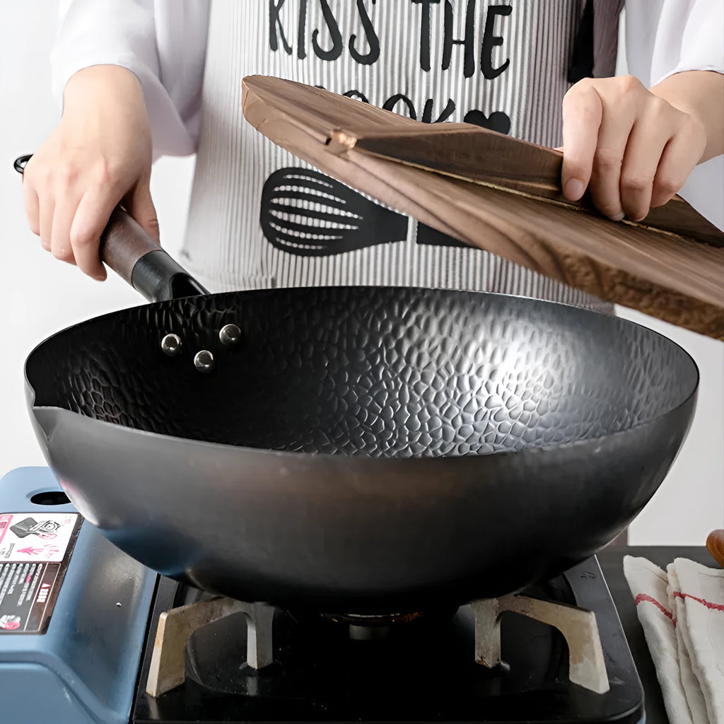 Traditional black iron wok with wooden handle, 32cm diameter