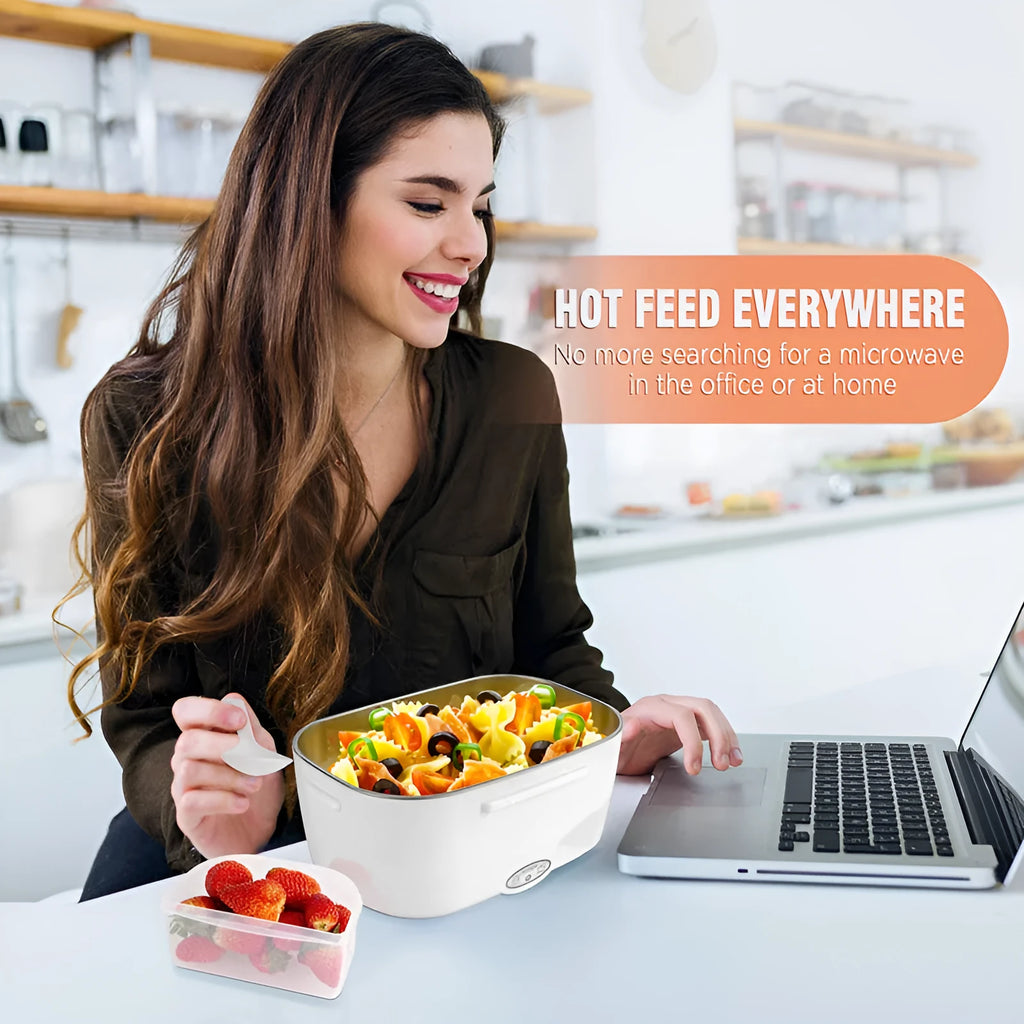 Grey plastic dual-power electric lunch box with stainless steel inner liner for car and home use.