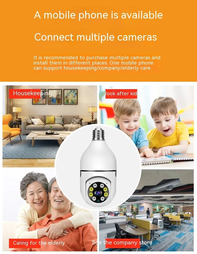 E27 bulb security camera with 1080p HD video and full colour night vision for wireless WiFi monitoring