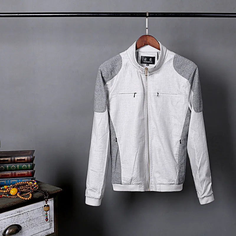 Men's heather gray cotton linen jacket in a regular fit on a hanger.