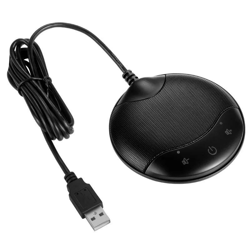 Black USB condenser microphone for conference and recording with 9x9x1.7cm desktop dimensions