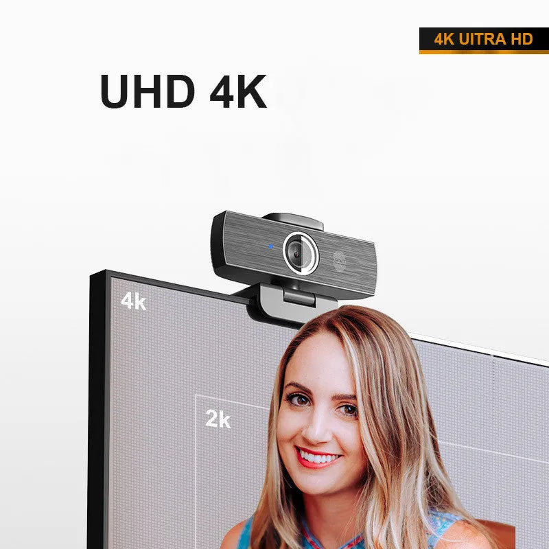 Black USB computer webcam with magnetic privacy cover for 4K video conferencing