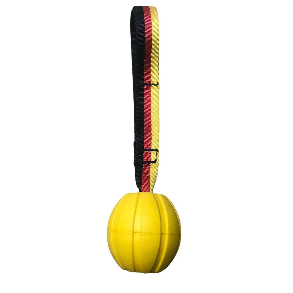 Floating EVA pet training ball in camouflage or yellow colours with attached string, shown in 6.5cm, 7cm, and 9cm diameter sizes