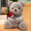 Soft plush rose bear teddy doll in beige, brown, or grey, shown in multiple size options.