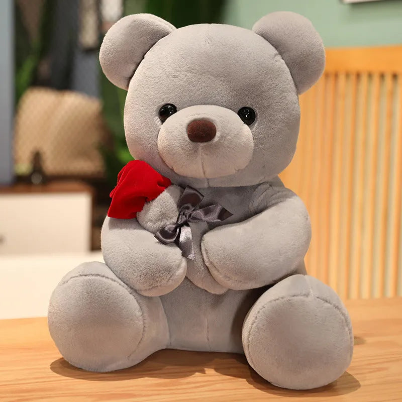 Soft plush rose bear teddy doll in beige, brown, or grey, shown in multiple size options.