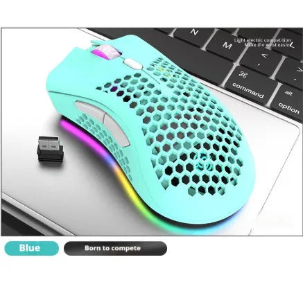 BM600 hollow out wireless gaming mouse with RGB lights in cyan colour on a desk