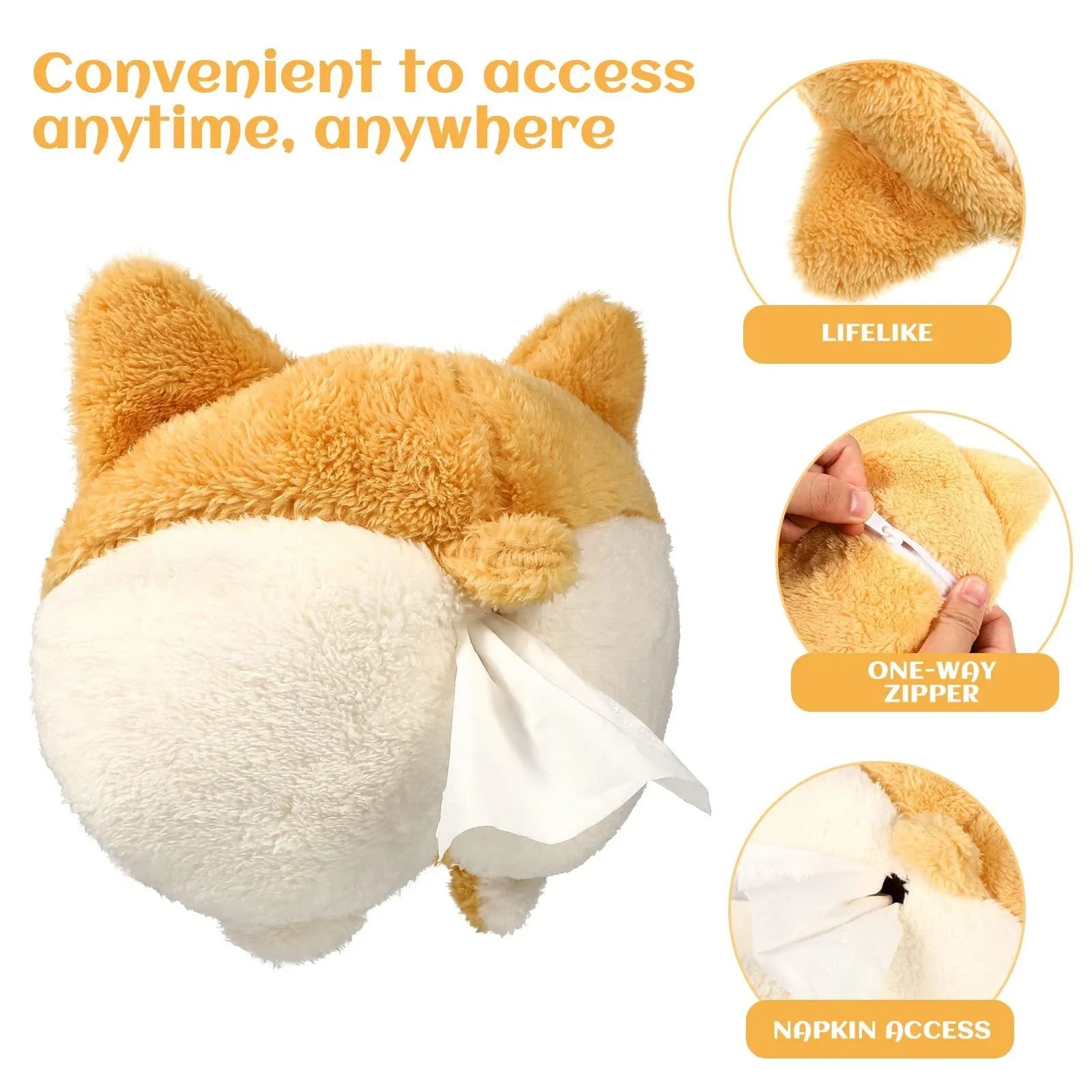 Yellow soft corgi butt shaped tissue box cover with elastic strap for car sun visor.