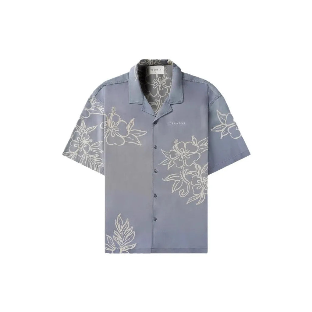 Men's loose floral print short-sleeve casual top in light colour on hanger