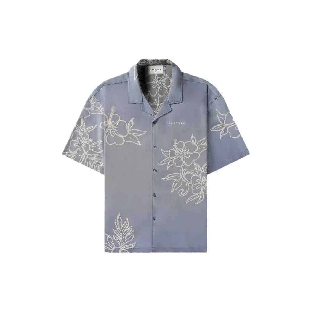 Men's loose floral print short-sleeve casual top in light colour on hanger