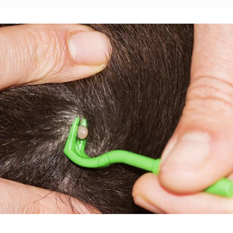 Set of three blue plastic tick removal hooks for pets on a white background.