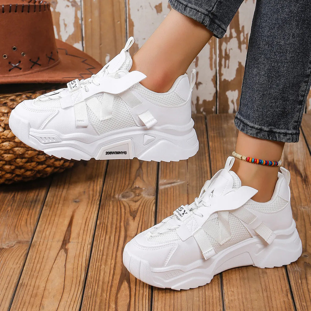 Women's purple platform mesh dad shoes with lace-up front and thick sole.