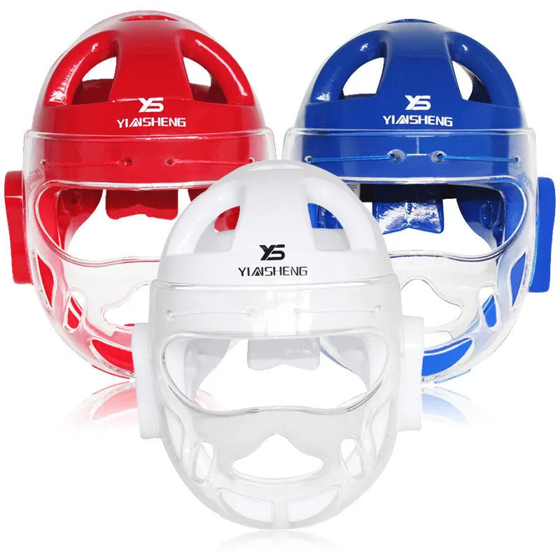 A karate helmet for boxing head protection, shown in white, blue, and red colour options.
