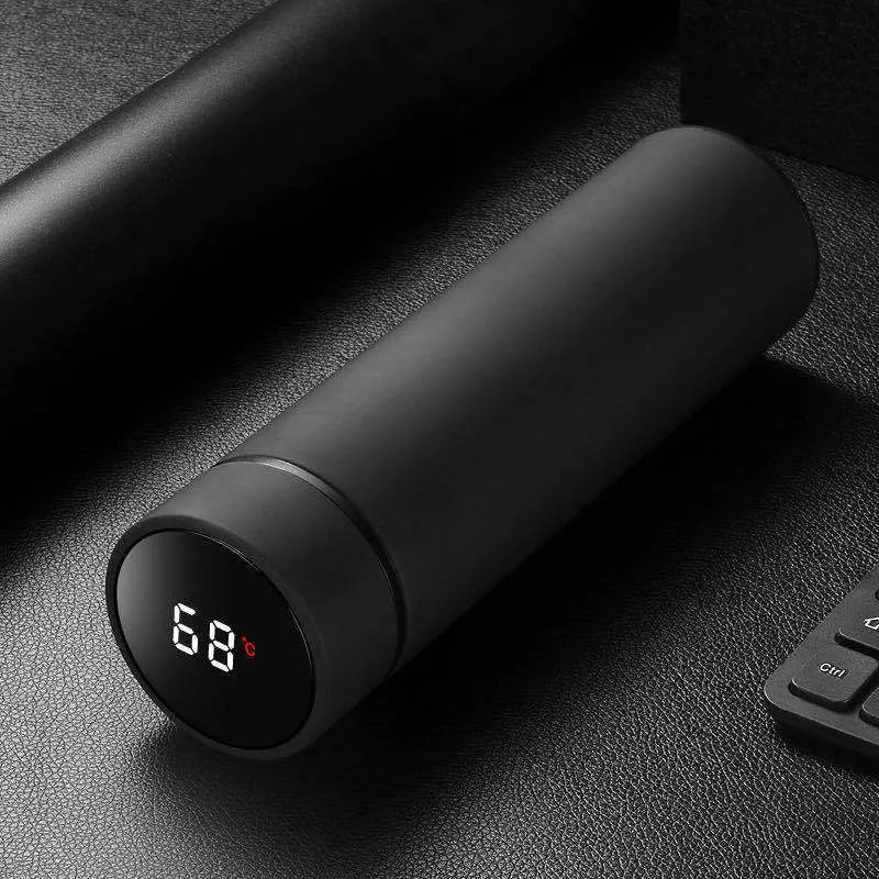 Black stainless steel water bottle with double wall vacuum insulation and arrow mouth, 450ml capacity.