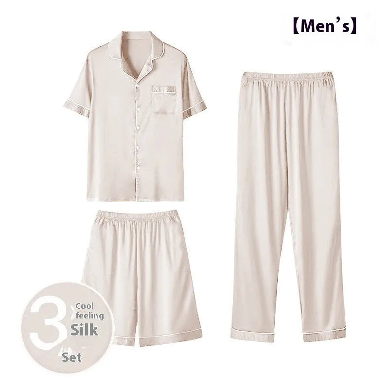 Men's ice silk three-piece home wear set showing trousers, shorts, and top in a neutral colour.