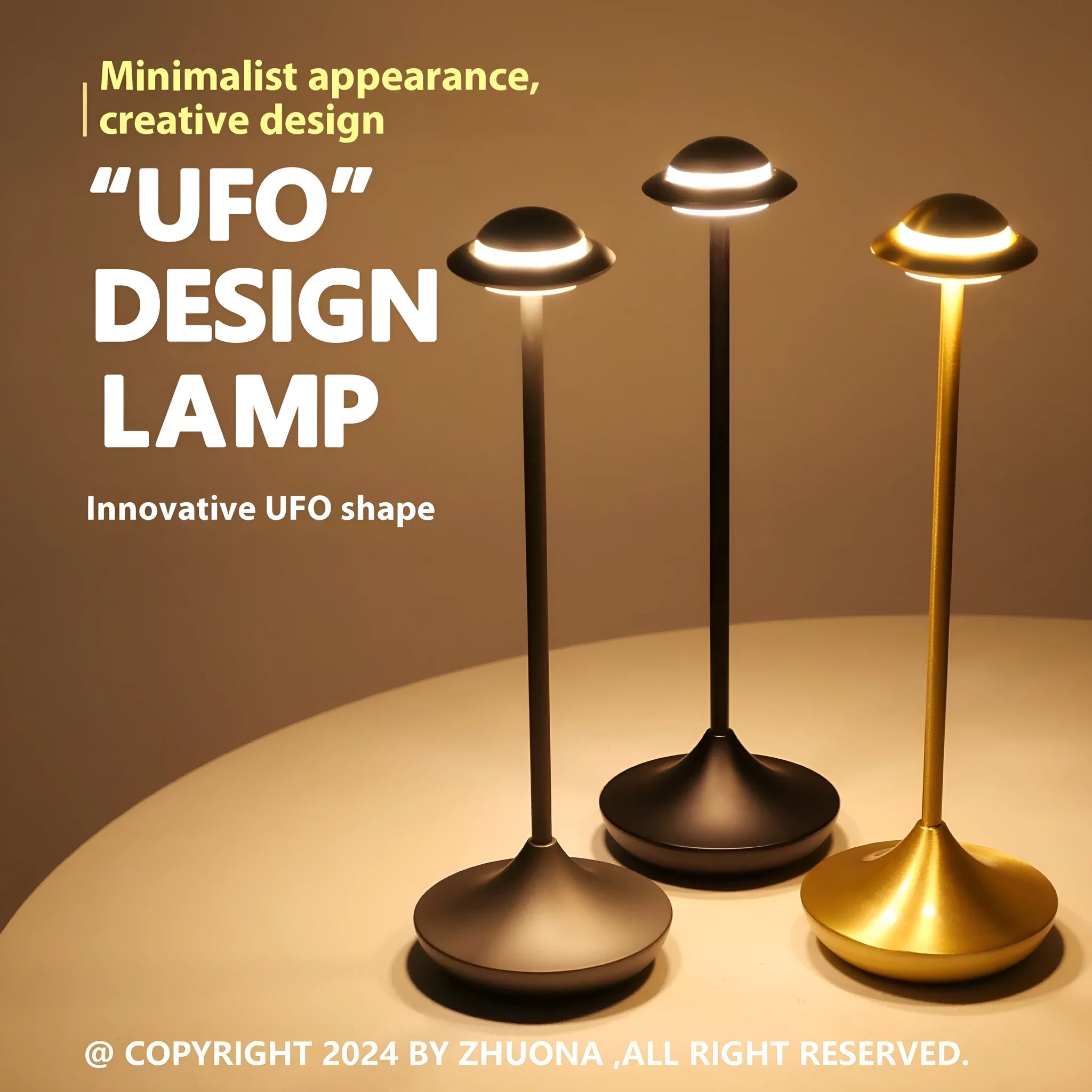 Modern UFO-shaped metal table lamp with touch controls in black, gold, or grey colour options