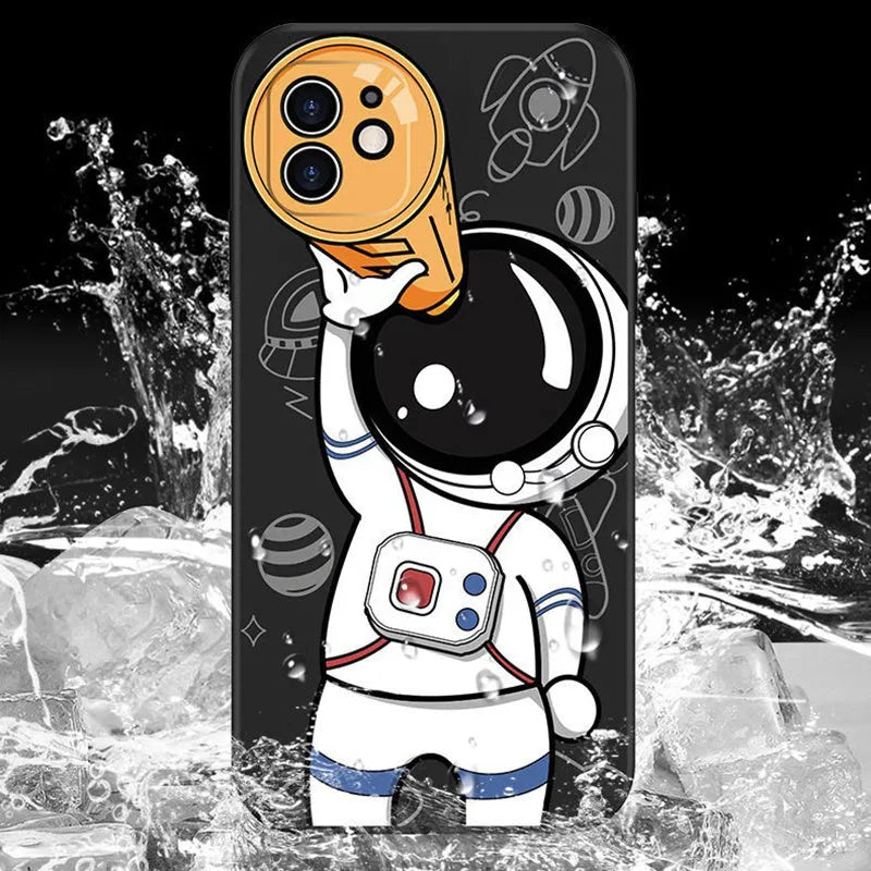 Cartoon astronaut and planet design on a black silicone phone case for iPhone.