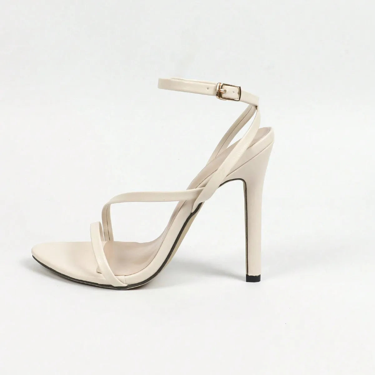 Women's high heel sandals with round toe open toe and multi-stripe cross ankle straps in beige colour