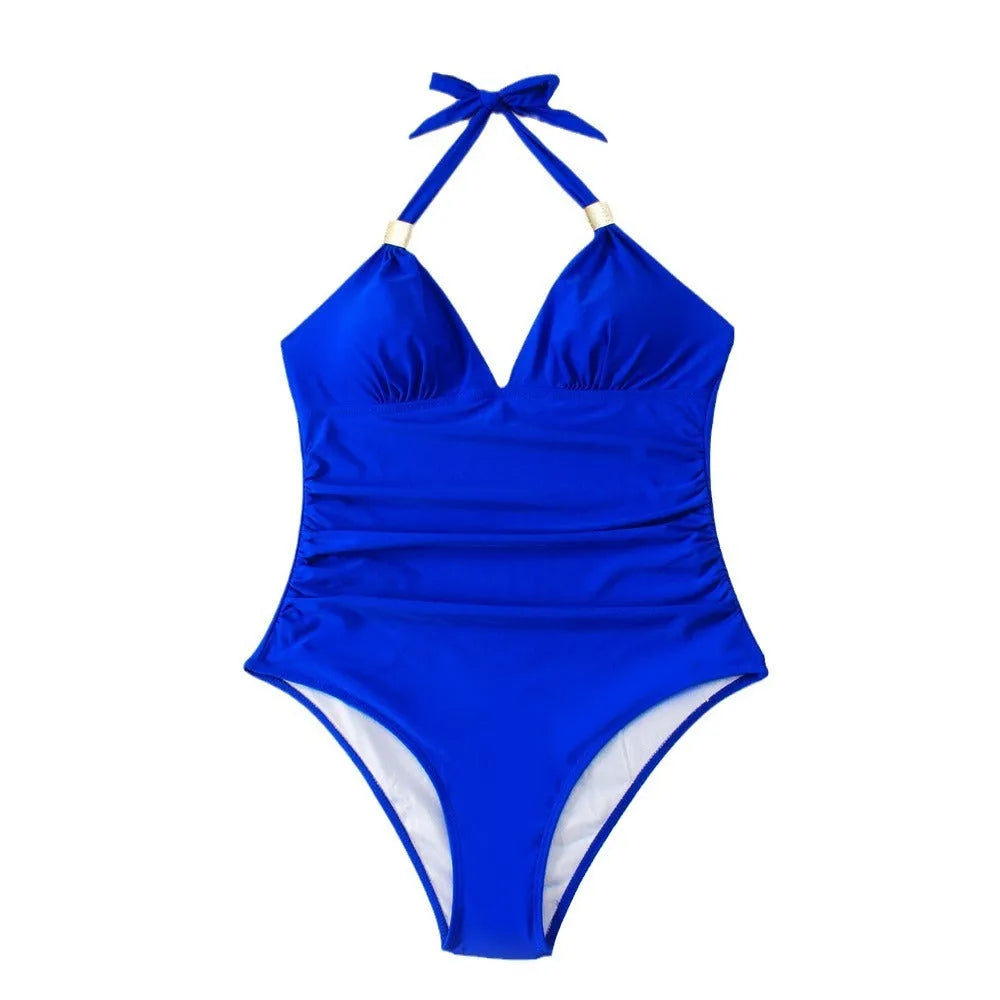 Women's one-piece swimsuit in quick-dry polyester spandex fabric shown in multiple colour options.