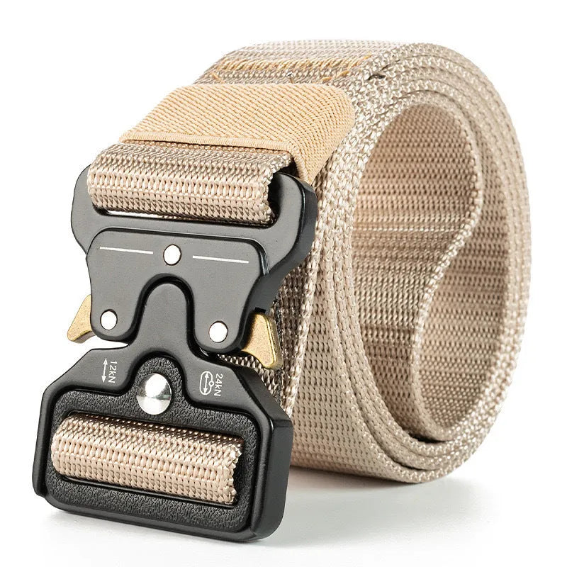 Men's tactical canvas belt with alloy buckle in multiple colour options showing 120cm length