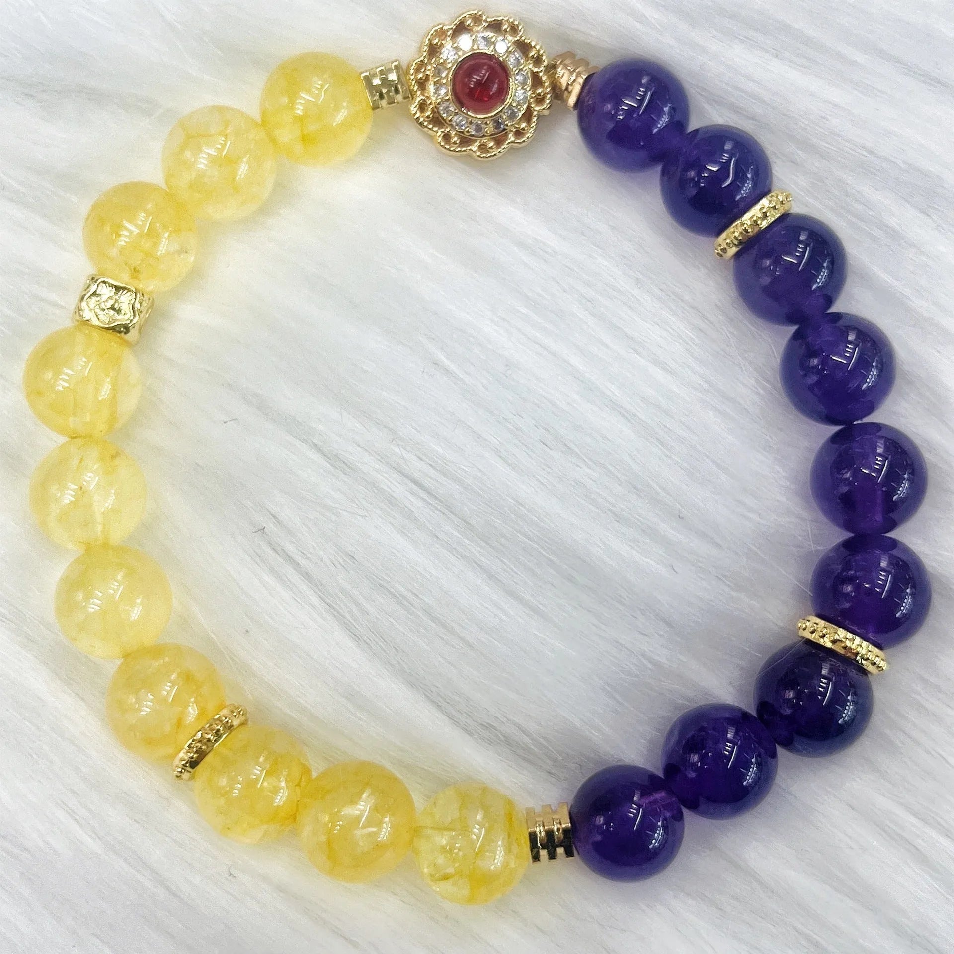 Handmade yellow and purple crystal women's bracelet with amethyst stones
