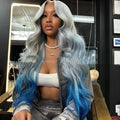 Grey to blue gradient colour human hair wig in Ruili style on a model.