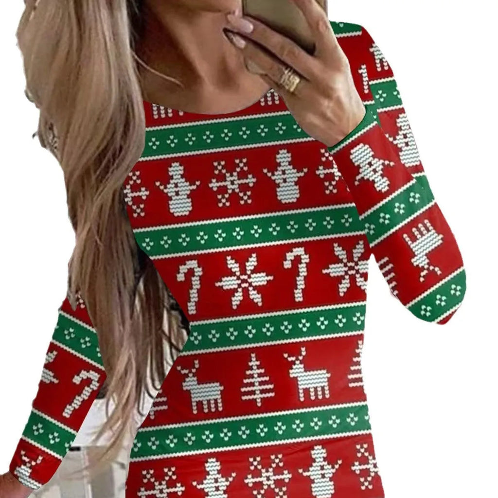 Women's Christmas printed polyester dress with animal pattern in floral colours, featuring round neck and long sleeves