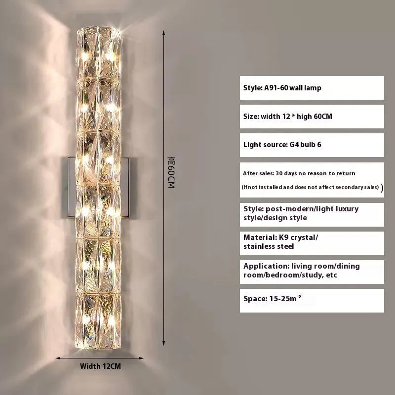 Crystal shade LED wall lamp in chrome or gold finish on stainless steel base.