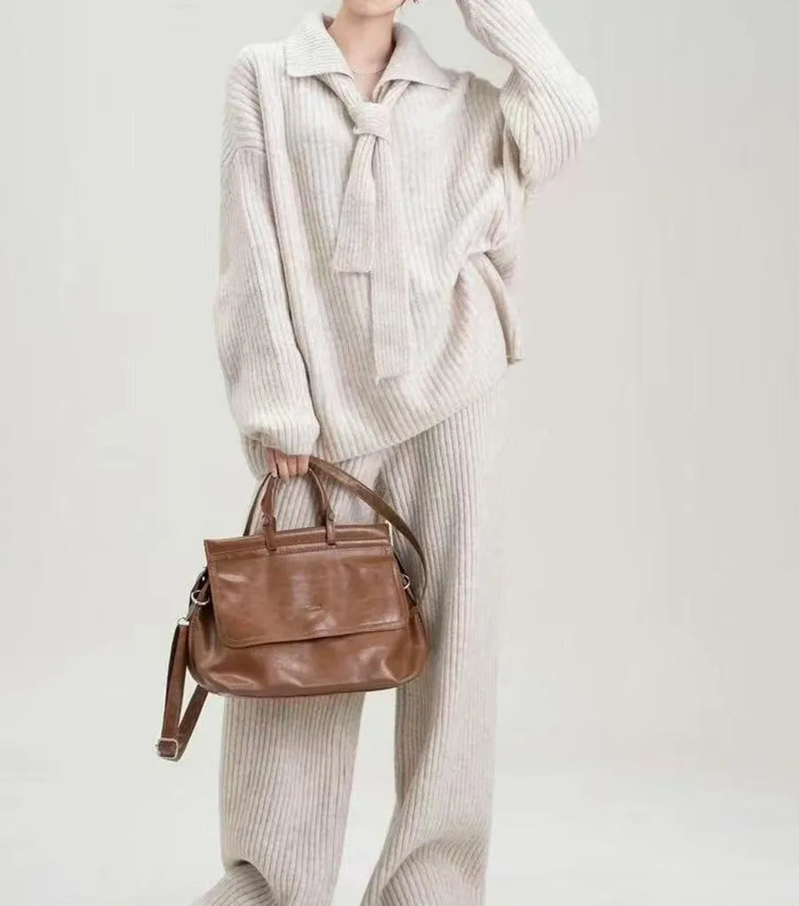 Women's sweater suit two-piece set with knitted top and casual trousers in neutral colours