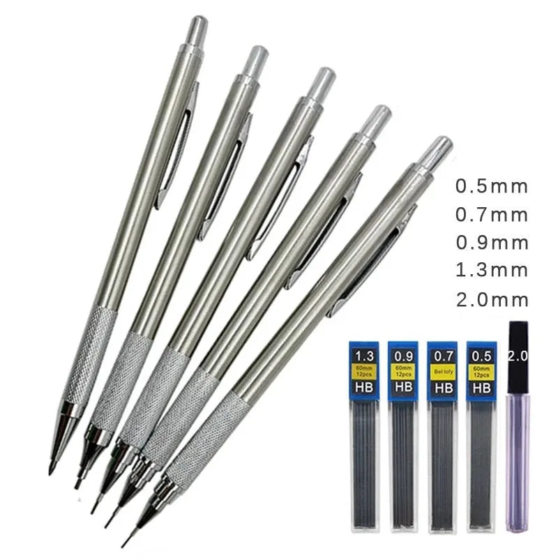 Metal mechanical pencil with automatic lead advancement mechanism and multiple lead size compatibility