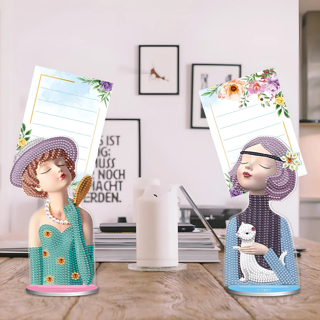 Handmade diamond painting desktop decoration with note clip on restaurant table