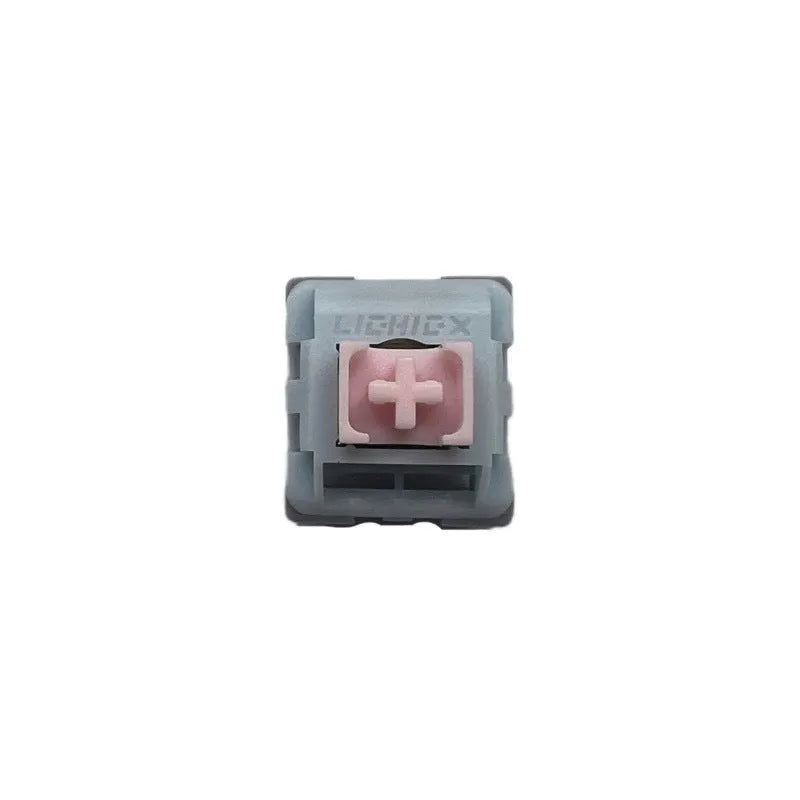 Four Dew Axis-4 custom linear mute mechanical keyboard switch bottoms showing three-colour shaft core
