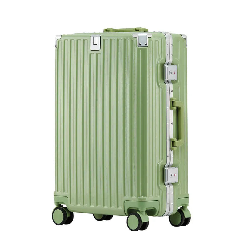 Aluminium frame trolley suitcase with USB port and universal wheels in avocado green colour.