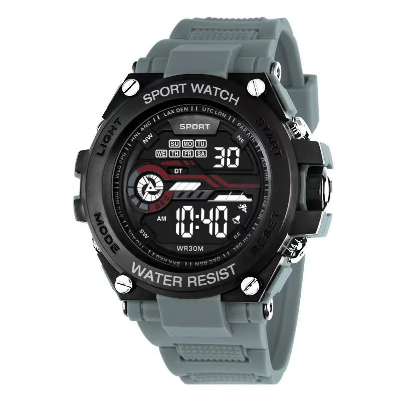 Digital electronic watch with a silicone strap shown in multiple colour options for teenagers and students.