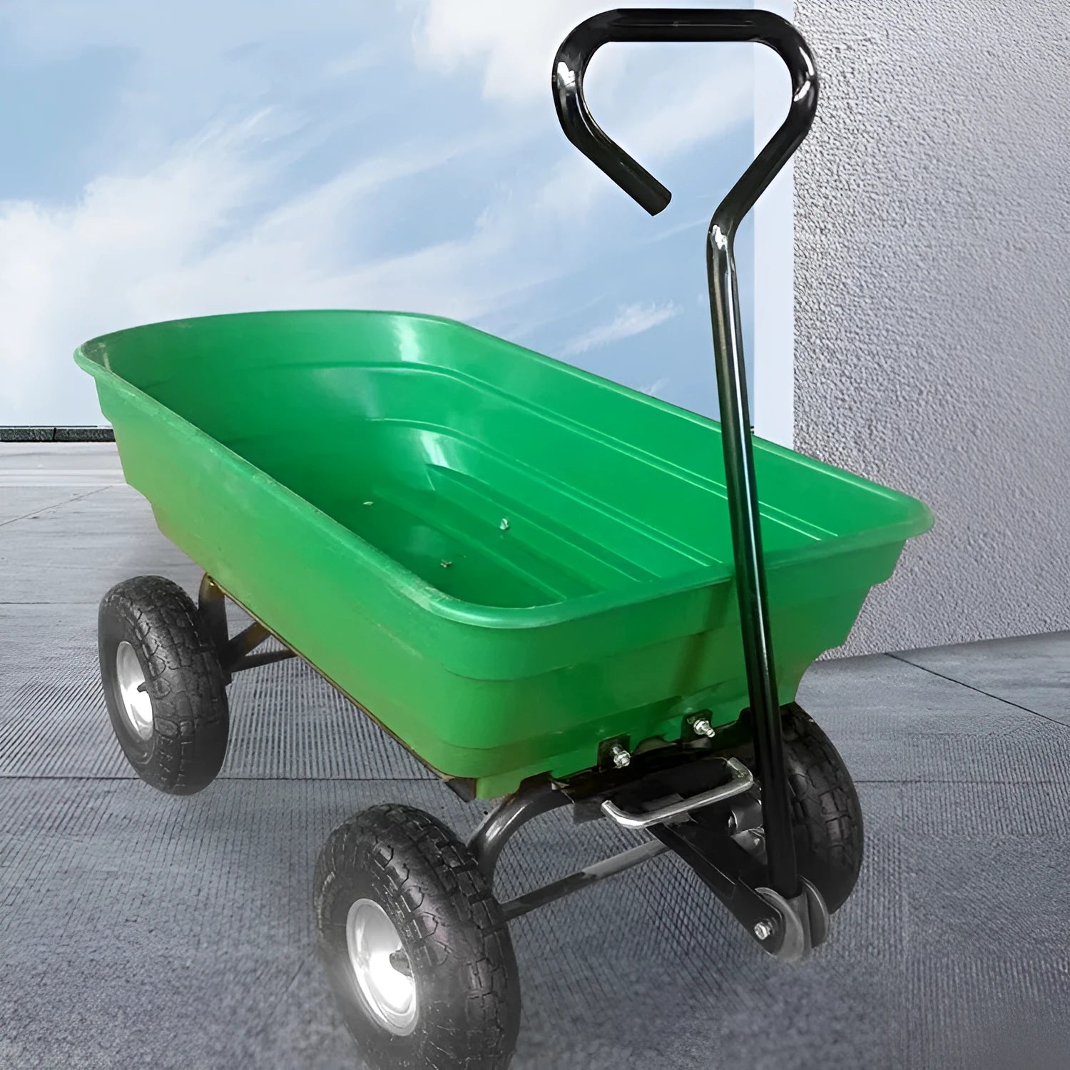 Green four-wheel agricultural dump truck with tipping bed, model TC2145, for hauling materials.