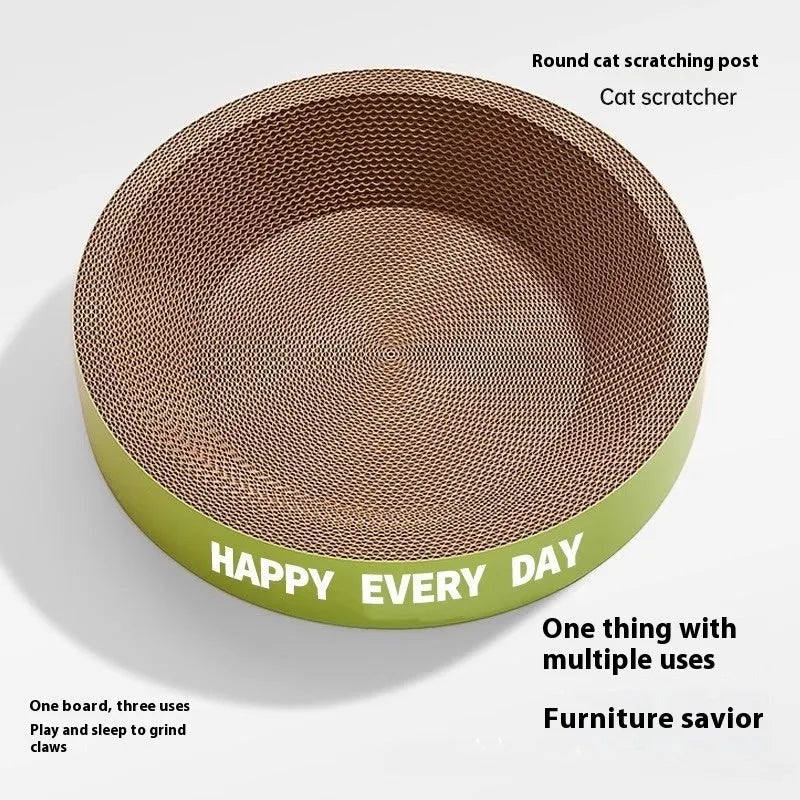 Green round cat scratching board nest showing wear-resistant surface and nest shape.