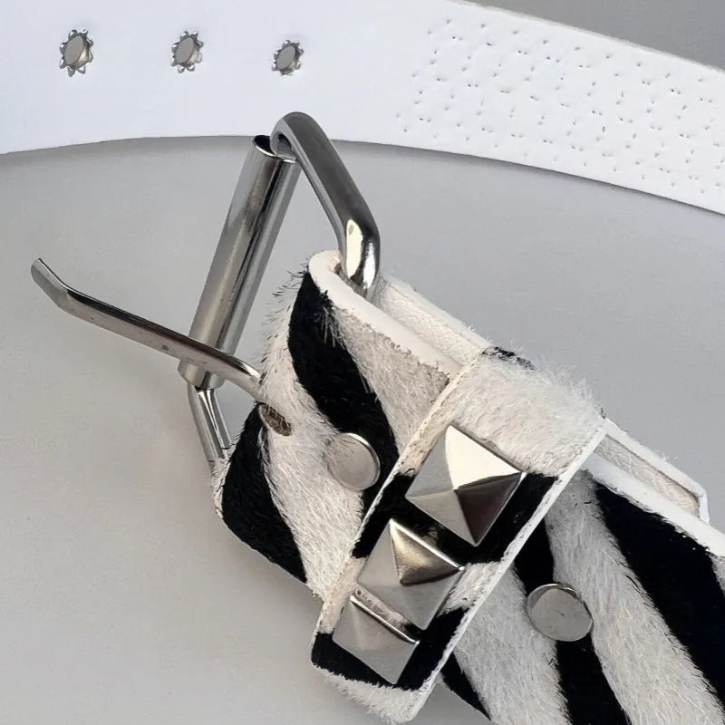 Women's punk fashion belt with metal rivets in leopard print pattern and alloy buckle