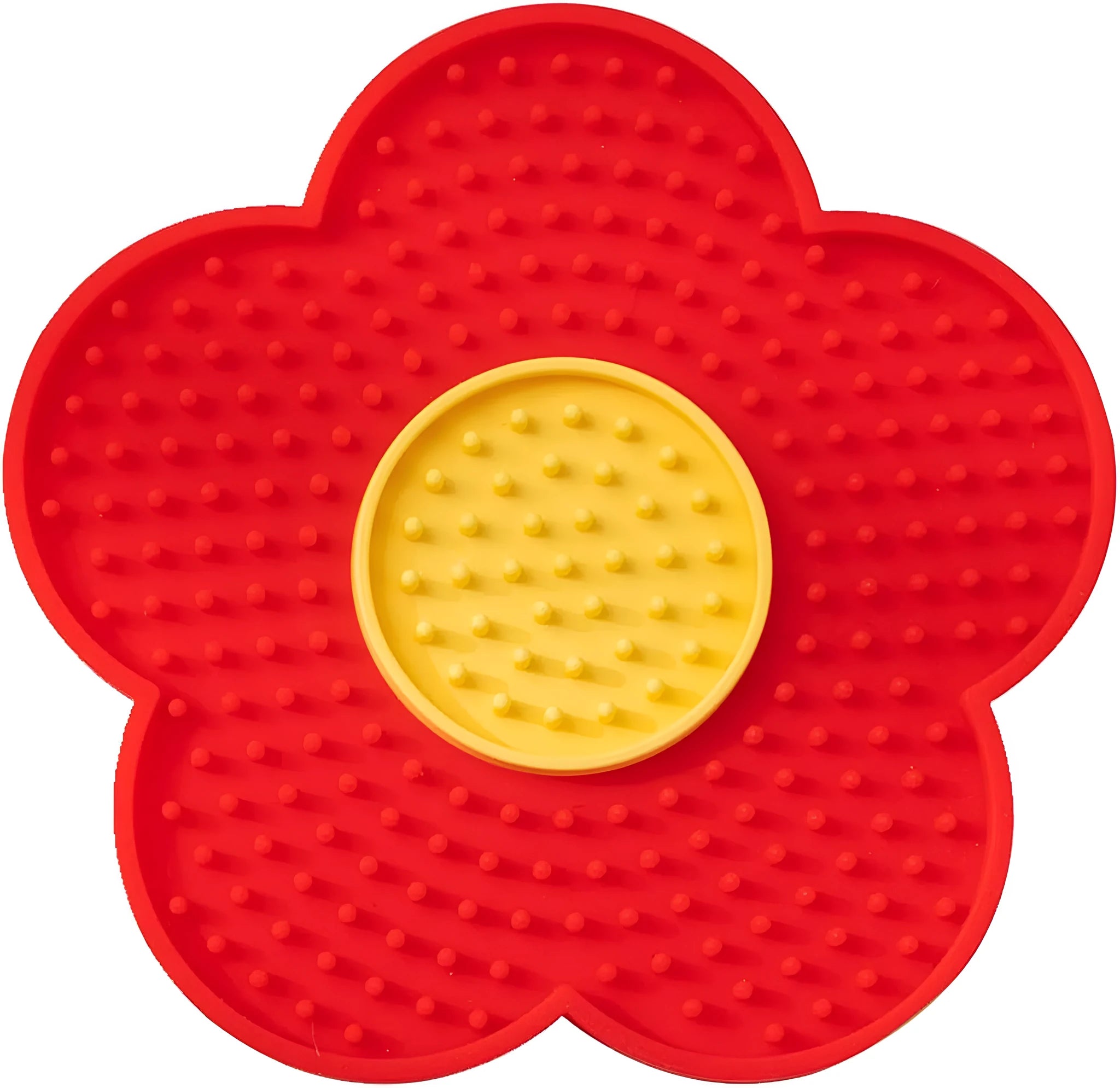Flower-shaped silicone licking mat for pets with suction cups on the back, in a choice of colours.