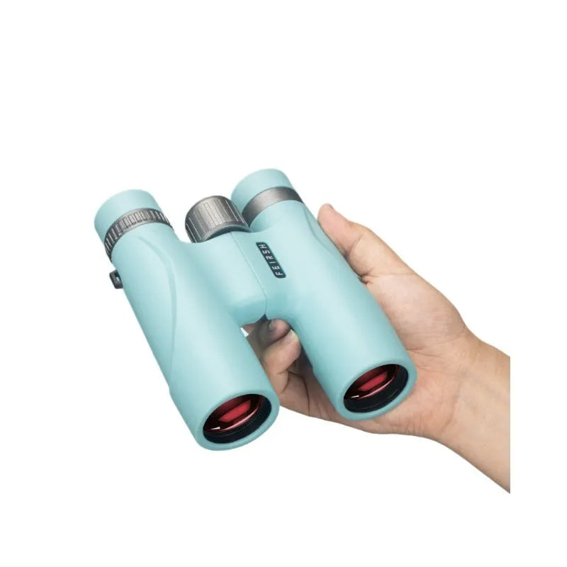 Compact wine red finish binoculars with 10x32 magnification shown in grey and blue colour options