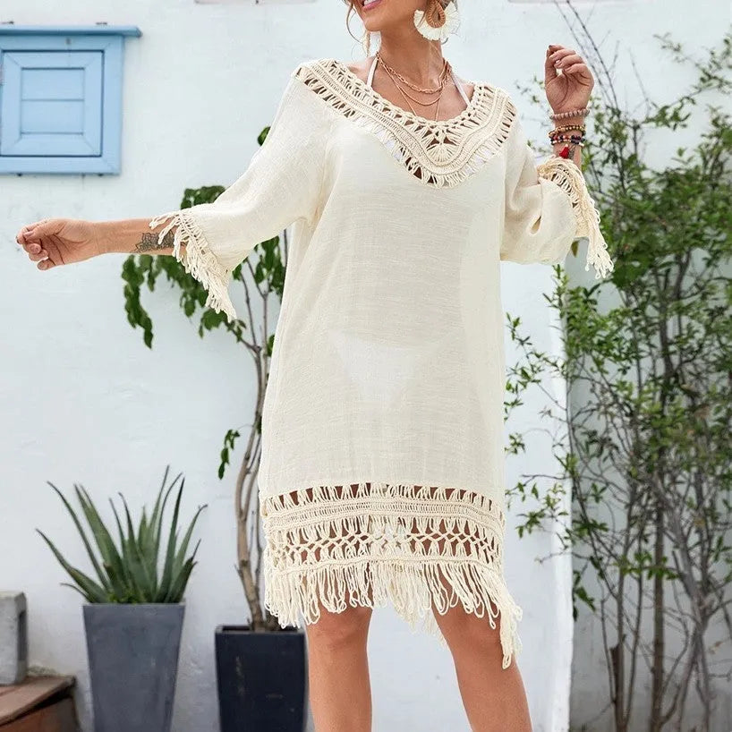 Women's apricot crocheted patchwork beach dress with half sleeves and mid-length skirt