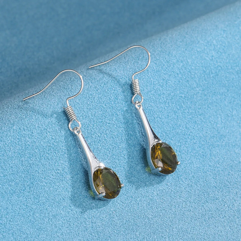 Olive green topaz drop shape earrings with minimalist water drop design
