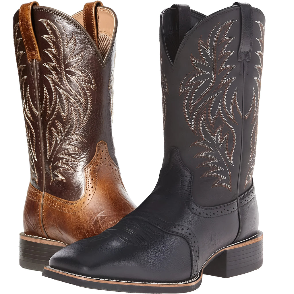 Men's black and brown Western cowboy boots with high embroidery stitching and wide square toe.