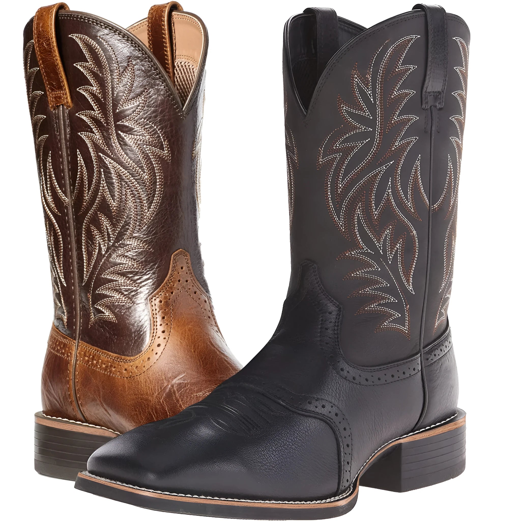 Men's black and brown Western cowboy boots with high embroidery stitching and wide square toe.