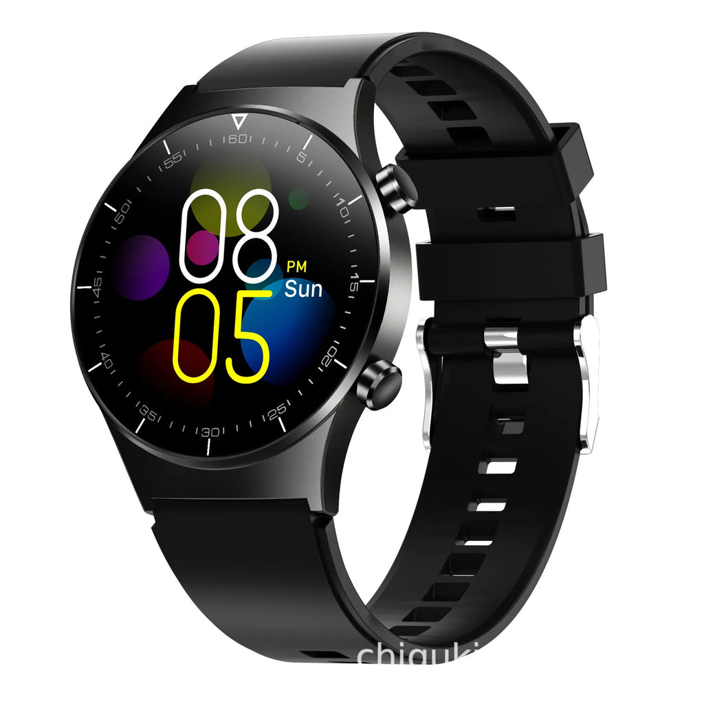 Black smart watch with health monitoring display showing blood pressure and heart rate metrics