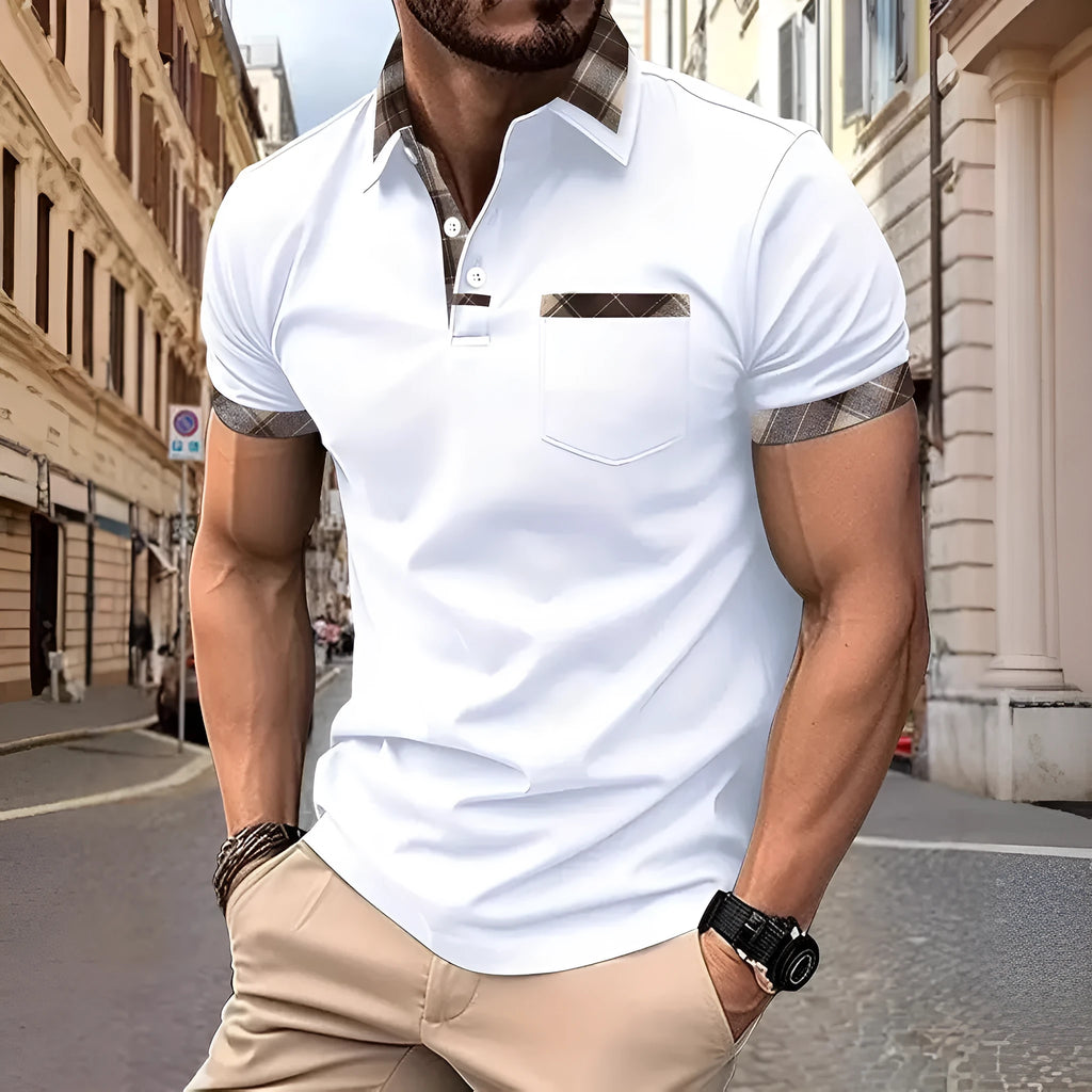 Men's colourblock plaid t-shirt with short sleeves and zipper decoration detail