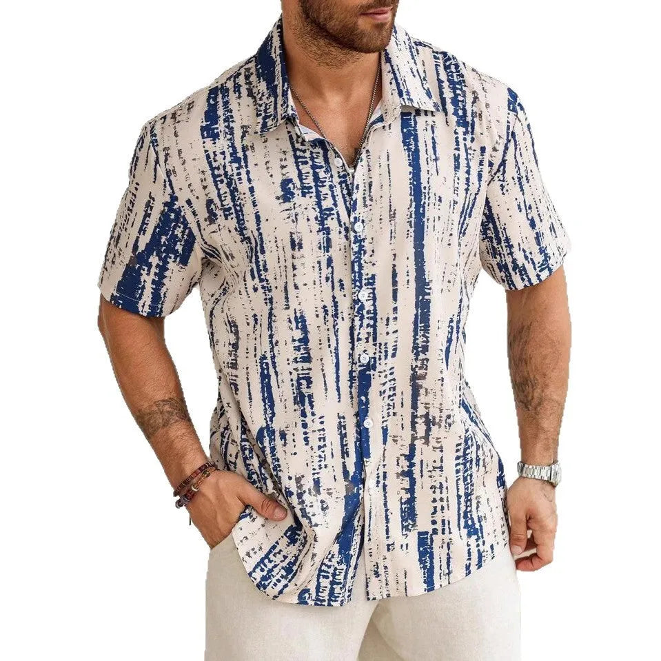 Man wearing a short sleeve striped casual shirt in blue, showing 3D print detail and lightweight fabric.