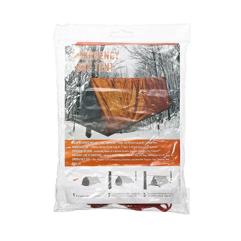 Orange emergency tent with sleeping bag and raincoat for disaster relief camping