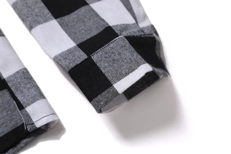 Men's black and white check long-sleeved shirt with lapel collar and double chest pockets