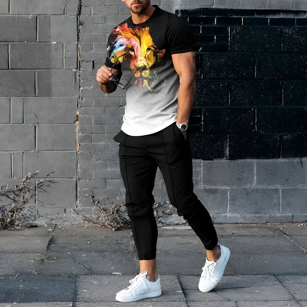 Man wearing a thin, short-sleeve polyester blend pullover and matching trousers from a sports tracksuit set.