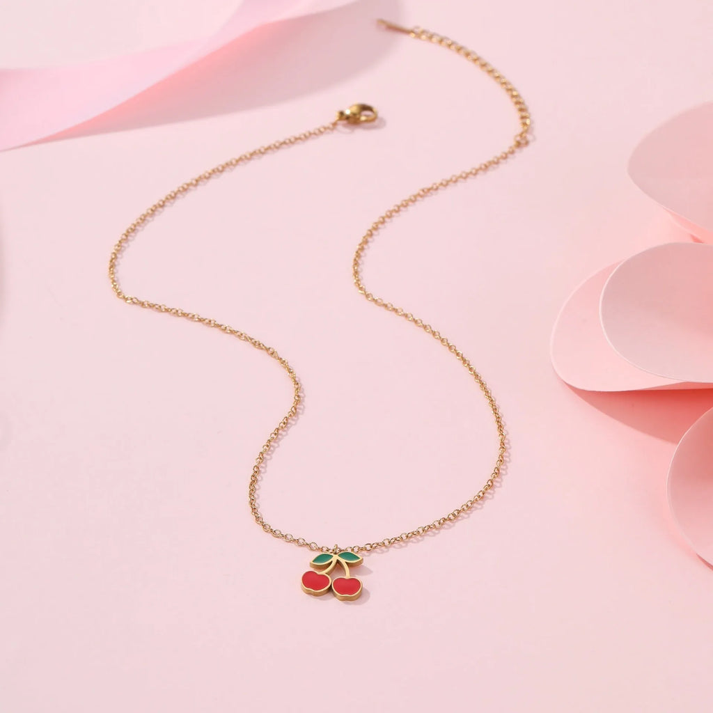 Cherry-shaped stainless steel jewellery set with necklace, bracelet, earrings, and ring 18K gold-plated