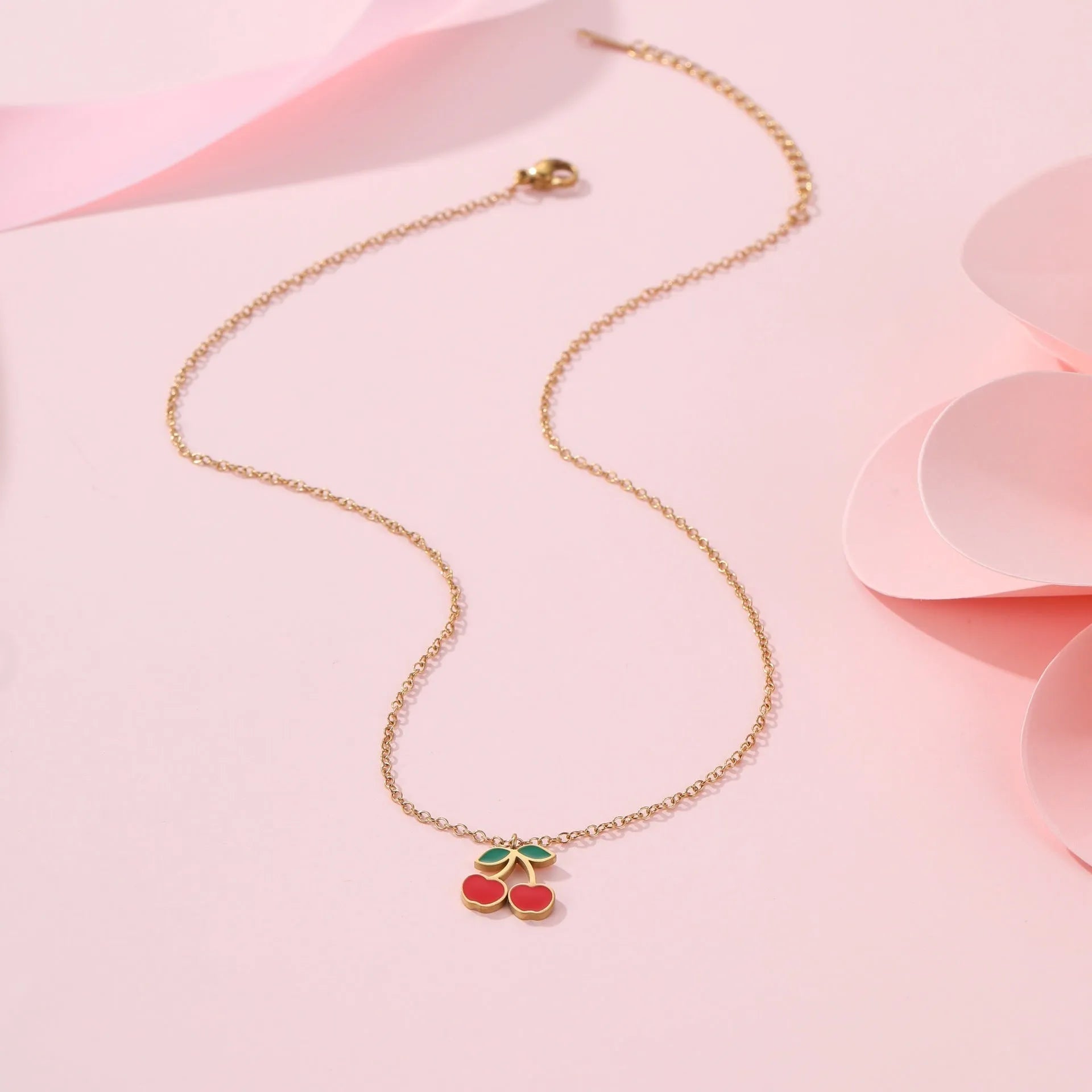 Cherry-shaped stainless steel jewellery set with necklace, bracelet, earrings, and ring 18K gold-plated